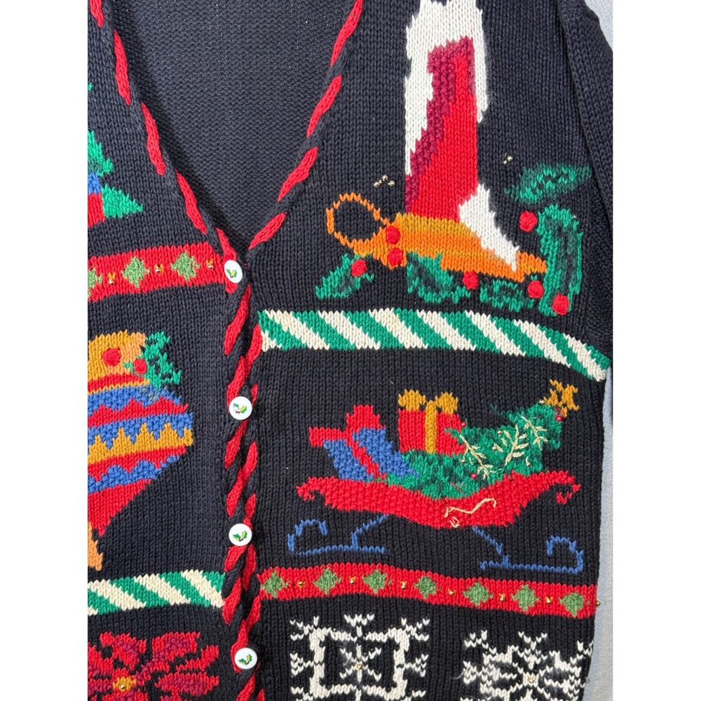 VTG Lauren Rogers Christmas Cardigan Sweater Black Knit Holiday Sleigh Tree 90's - Picture 2 of 11